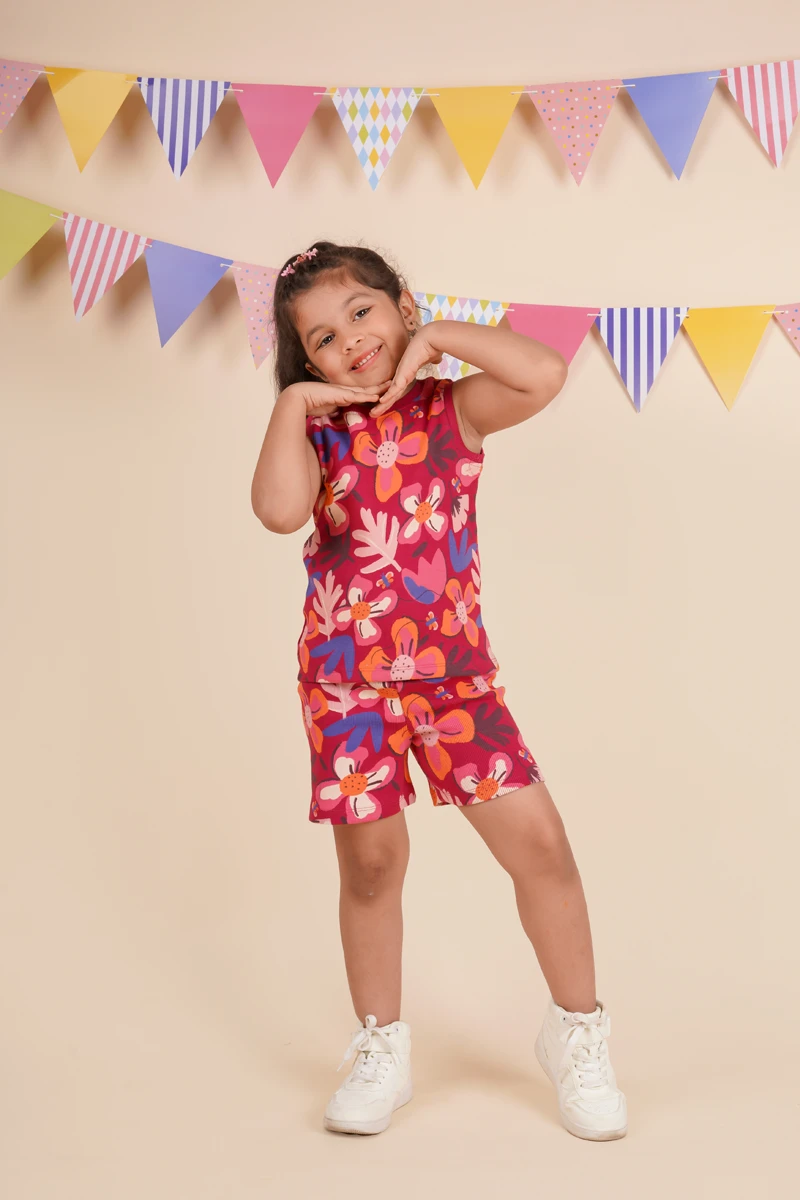 Dark Pink Floral Derby Rib Sleeveless Co-ord Set