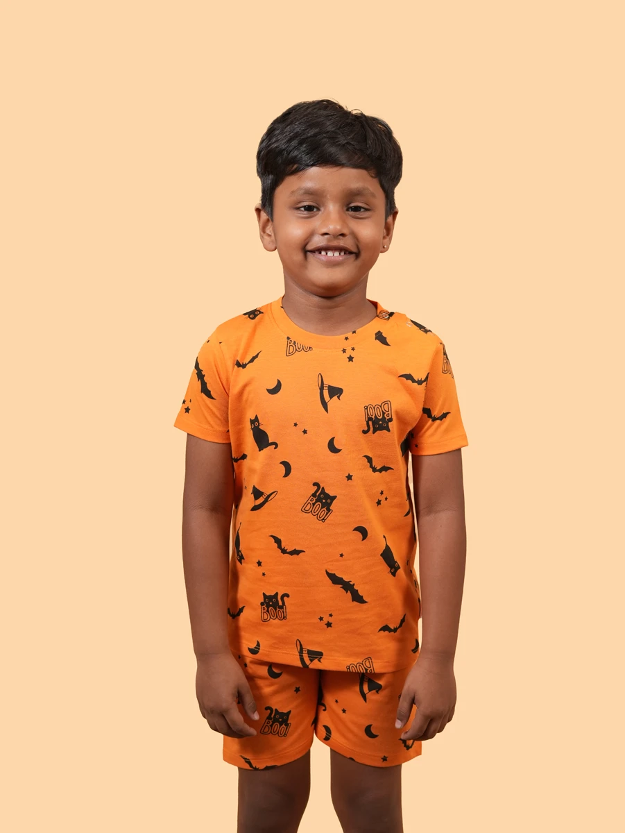 Orange “Boo” Printed T-Shirt & Shorts Co-Ord Set – Single Jersey Fabric (6-12M to 5-6Y)