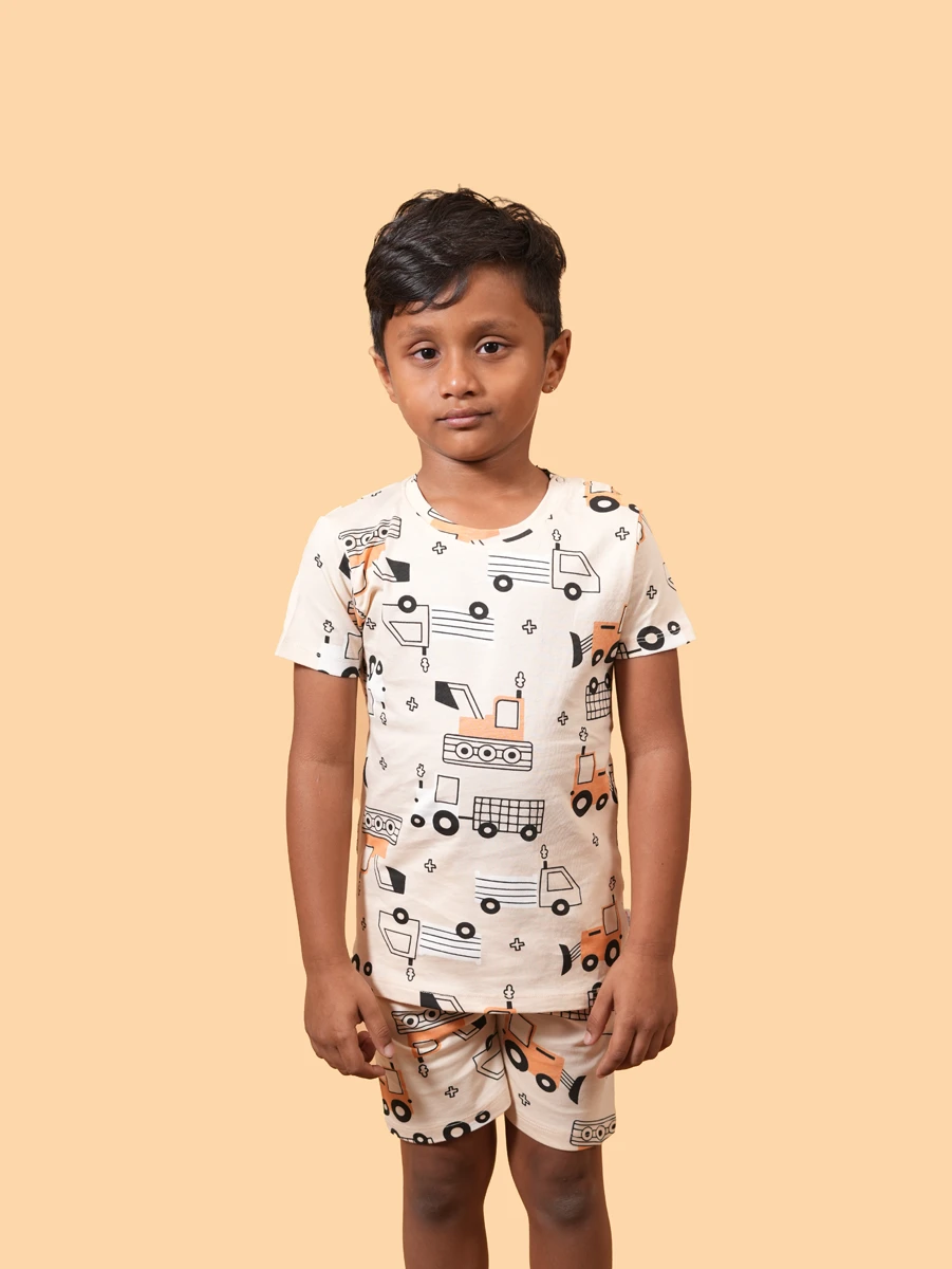 Construction Vehicles Co-Ord Set – Single Jersey Fabric (6-12M to 5-6Y)