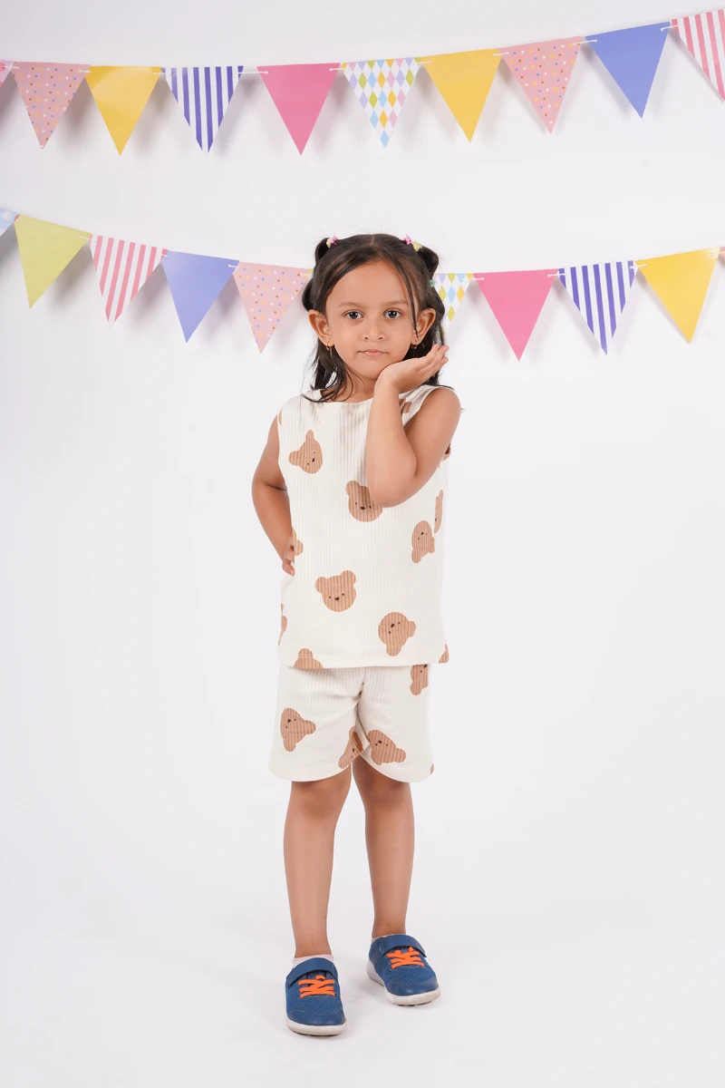 Off-White Teddy Face Printed Sleeveless Co-ord Set