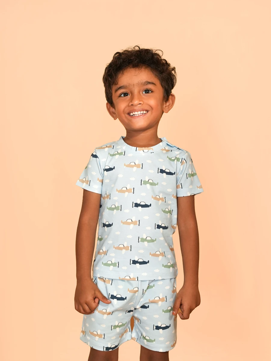 Blue Plane Printed Half Sleeve Co-ord Set