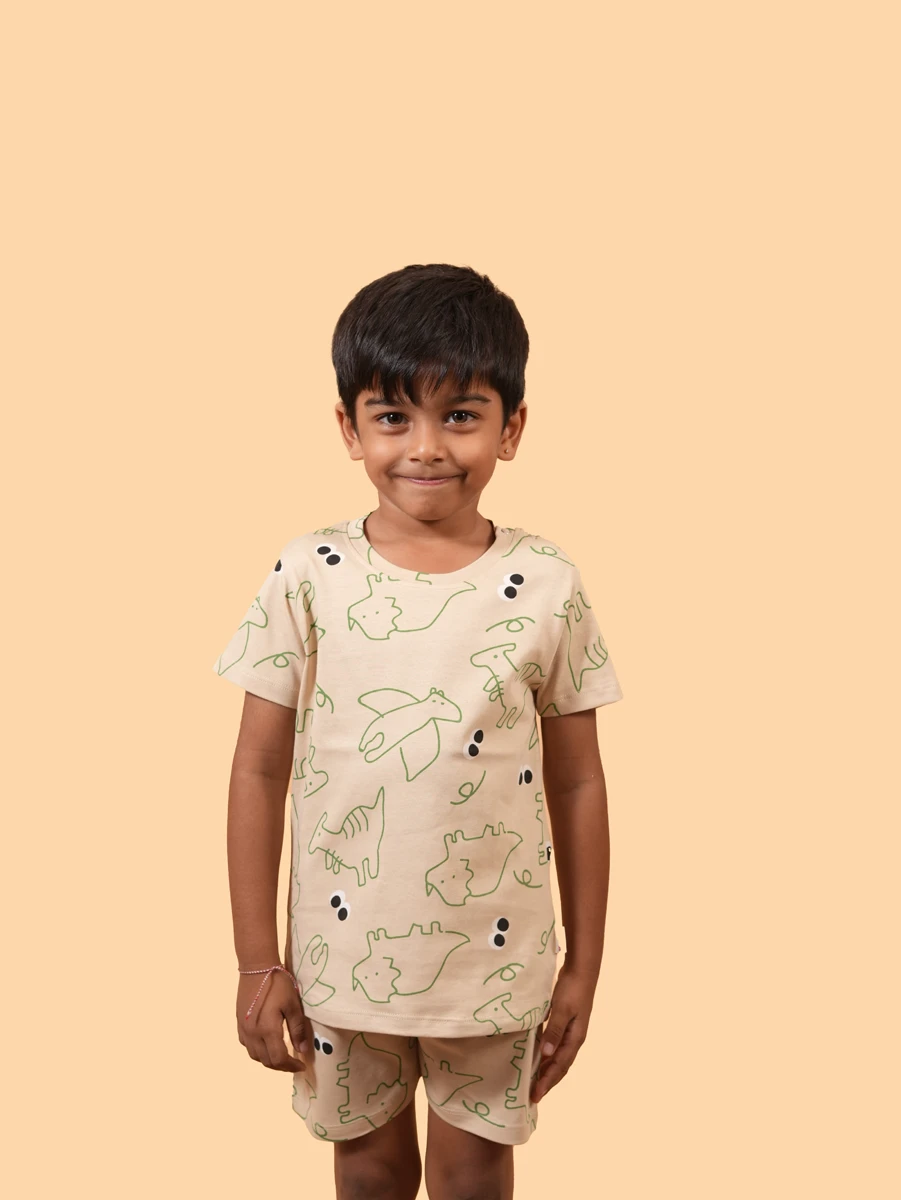 Beige Dino Doodle Co-ord Set | 100% Cotton Single Jersey | 6–12M to 5–6Y