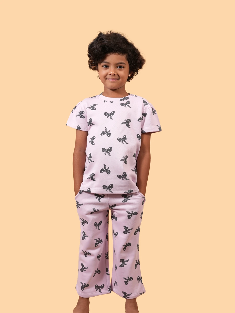 Girls Purple Bow Charm Puff Sleeve Co-ord Set | 100% Cotton Loopknit | 1–2Y to 4–5Y