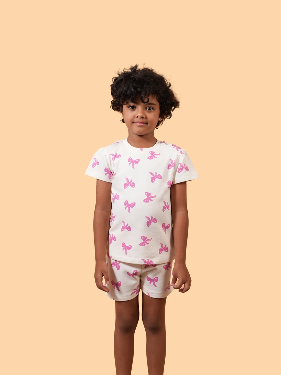White & Pink Bow Puff Sleeve Co-ord Set | 100% Cotton Loopknit | 1–2Y to 5–6Y