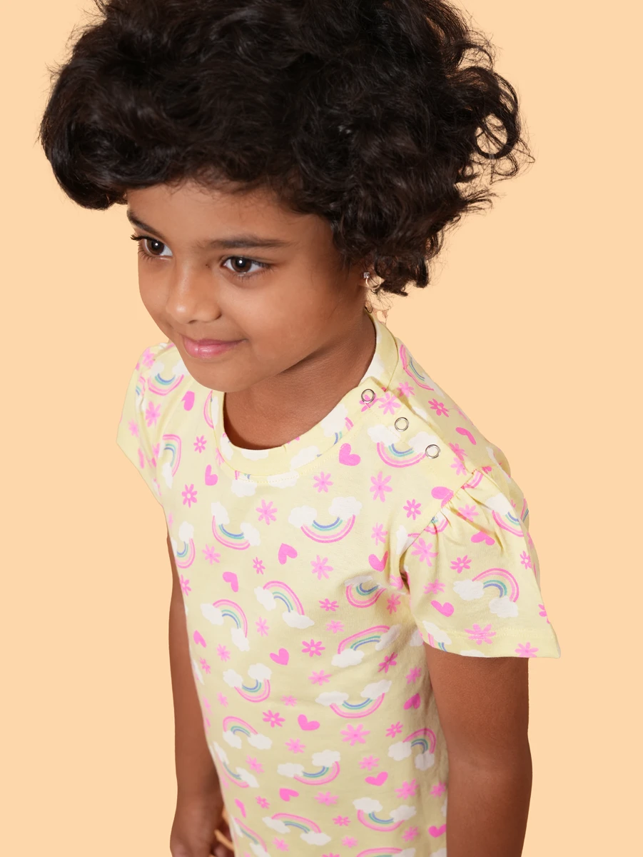 Yellow Rainbow Puff Sleeve Co-ord Set | 100% Cotton Single Jersey | 1–2Y to 5–6Y