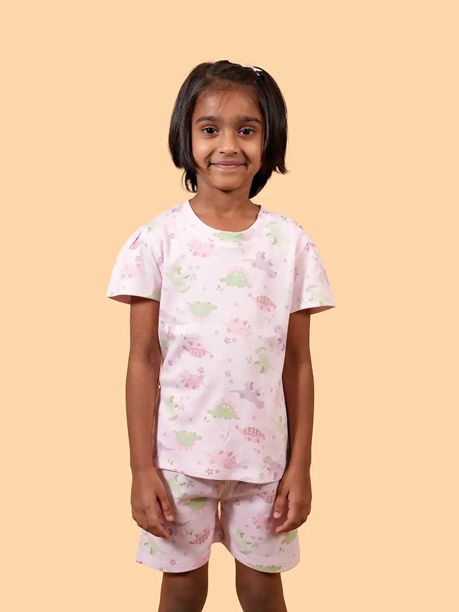 Pastel Dino Puff Sleeve Co-ord Set | 100% Cotton Interlock | 1–2Y to 5–6Y