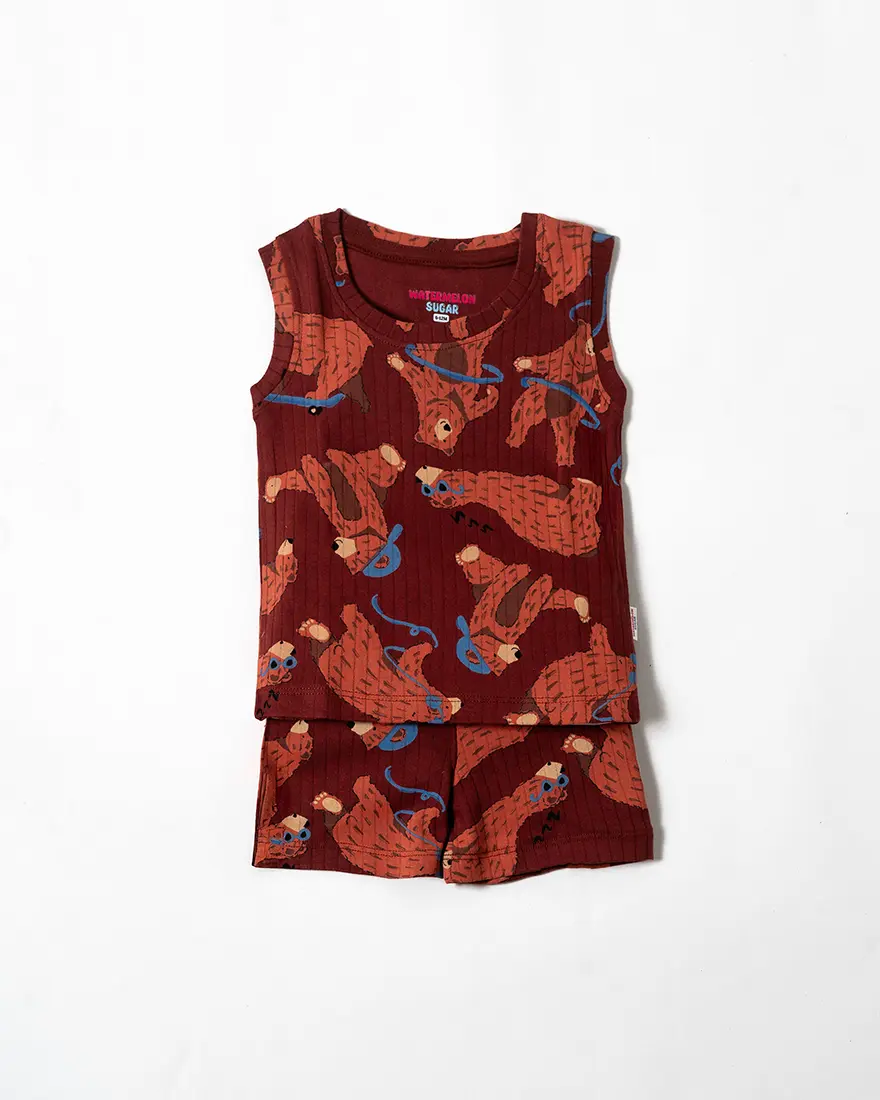 Maroon Bear Parade Sleeveless Co-ord Set