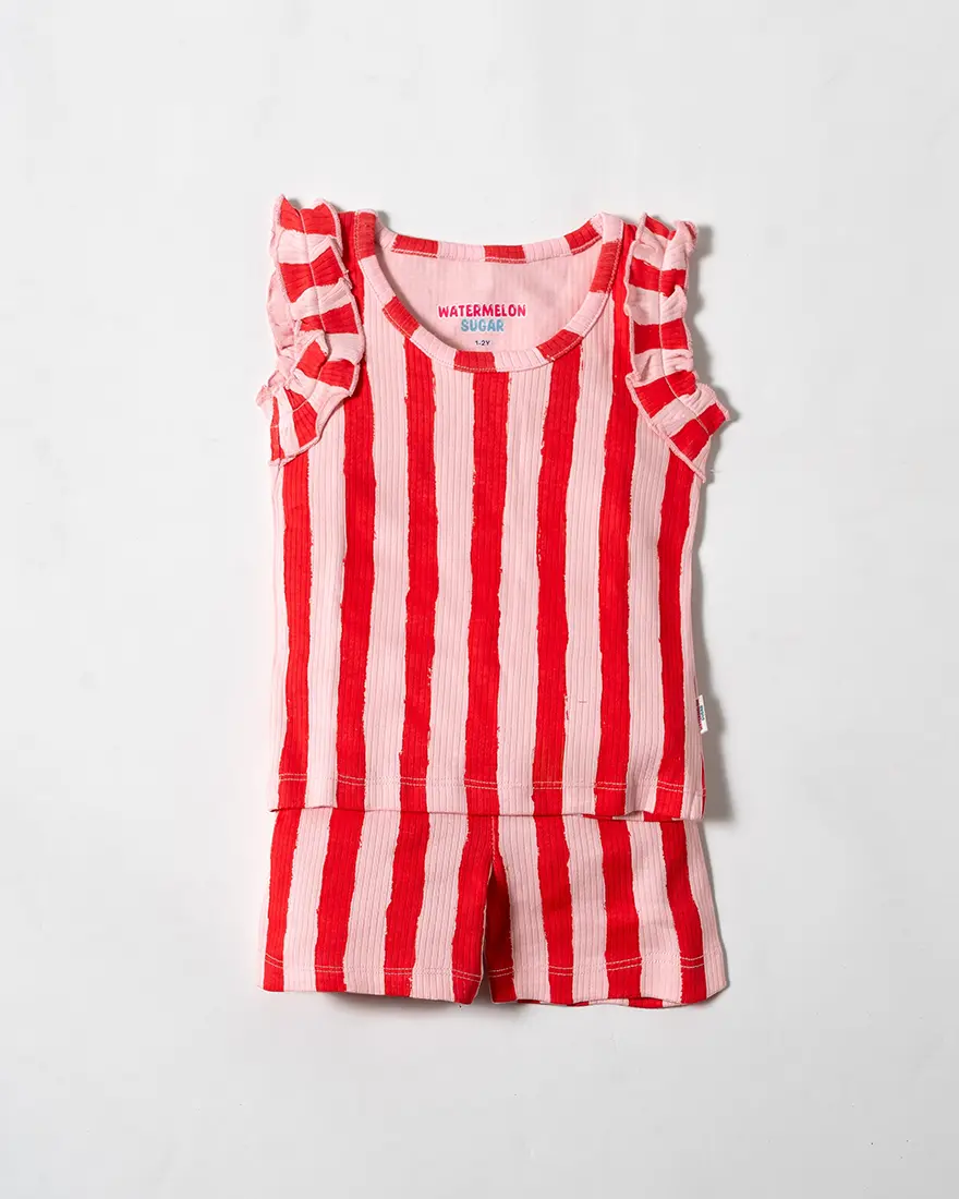 Cherry Stripe Frill Sleeveless Co-Ord Set