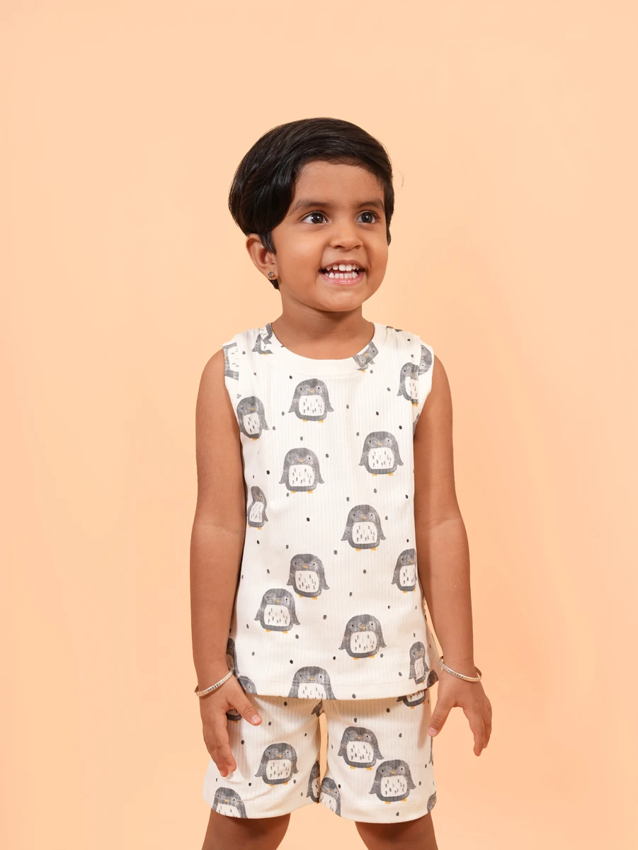 Off-White Penguin Print Sleeveless Co-ord Set – Drop Needle Cotton