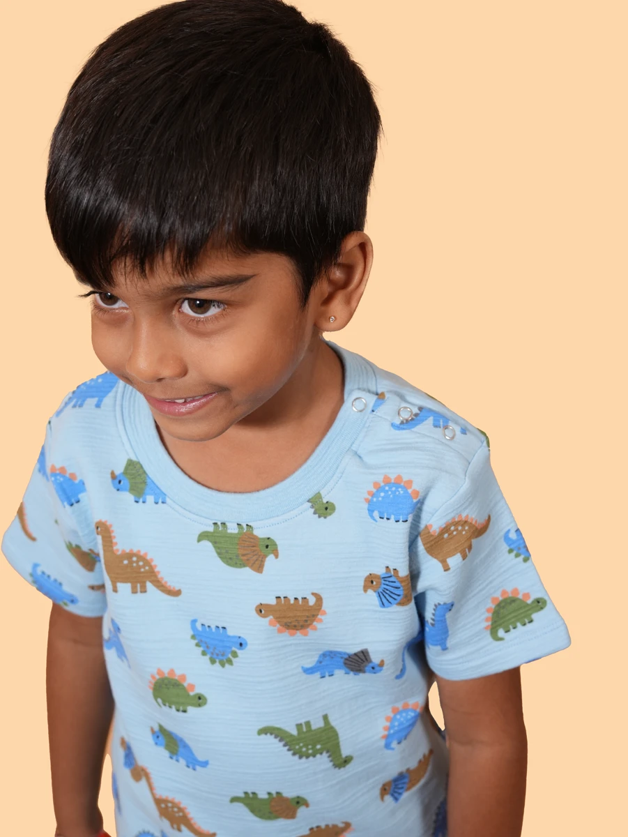 Blue Dino Adventure Co-ord Set | 100% Cotton Lycra Jersey Double Layered | 6–12M to 5–6Y