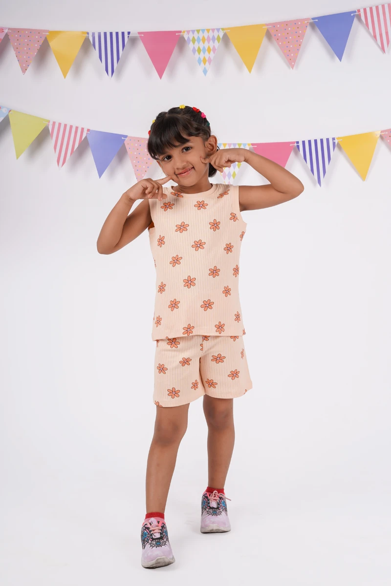 Peachy Orange Floral Drop Needle Sleeveless Co-ord Set