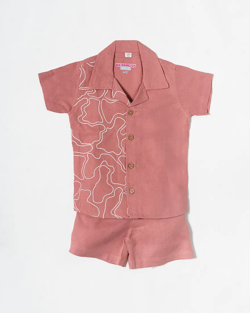 Pink Linen Cotton Embroidered Co-Ord Set